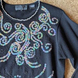 Vintage Carole Little Black Sweater with Multicolor Sequins